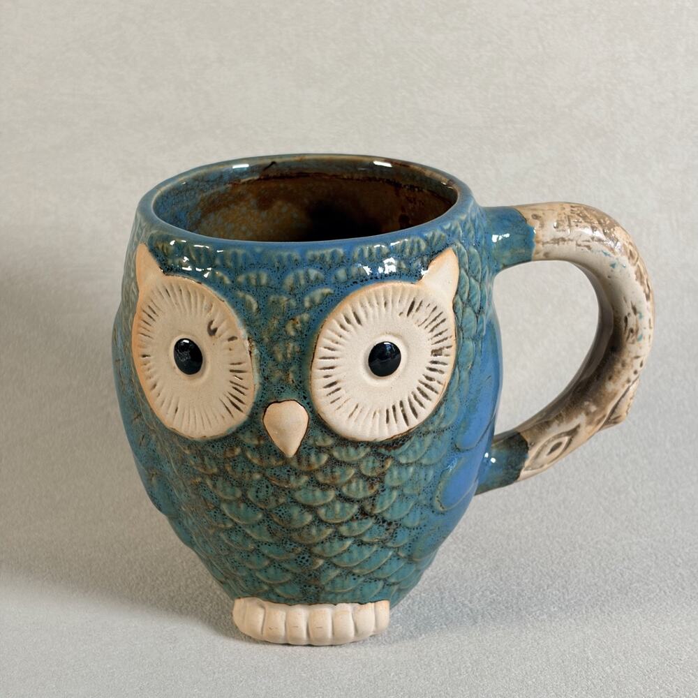 Pacifica Home 3D Owl Mug Large 18 oz Teal, Green, Brown Glazed w/ Unglazed Eyes
